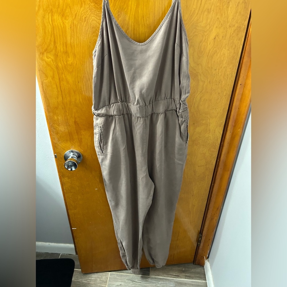 Thread & Supply Tan Jumpsuit with Long Sleeves and Elastic Waist